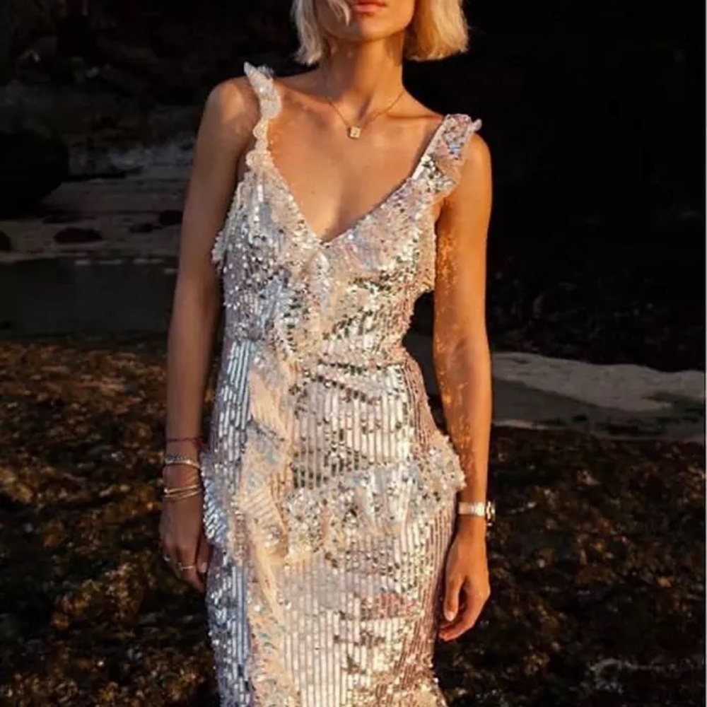 Needle & thread Scarlett dress sequins iridescent rushed straps glitter BHLDN